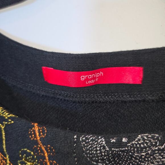 Black Floral Embroidered Sweatshirt Dress Tunic Size S Pockets Boho Artsy - Picture 8 of 8